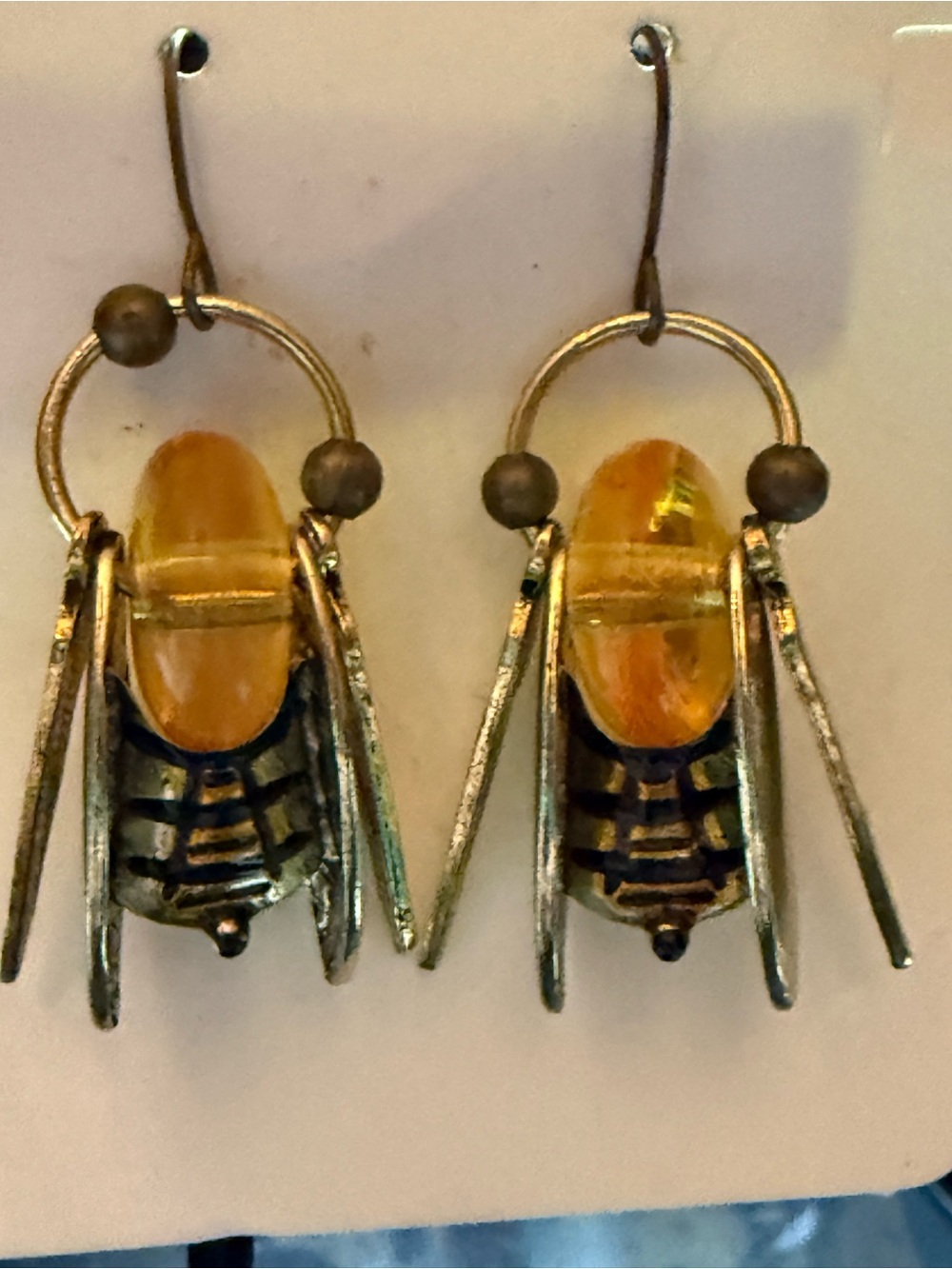 Artisan Faux Amber Bumble Bee Glass Drop Earrings with Antique Brass Accents